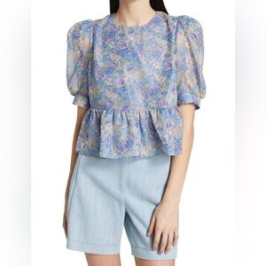 En Saison Octavia Cut-Out Puff Sleeve Peplum Top Blouse Size M Floral Romantic